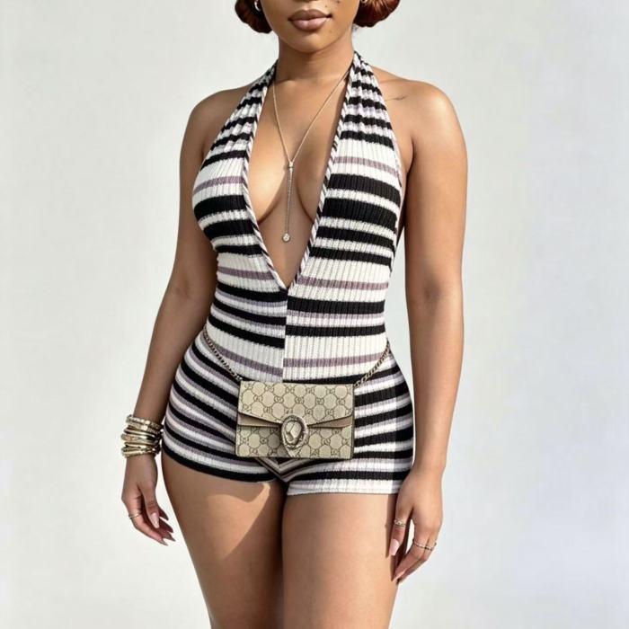Striped Deep V Jumpsuit