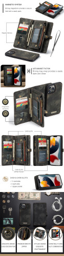 Leather Detachable Magnetic Cover Zipper Phone Case 11Credit Card Slots Clutch Purse Case for apple iPhone 13PROMAX