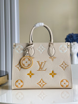 Louis Vuitton Womens Bags Handbags ONTHEGO MM Luxury Brand Cream/Saffron Embossed grained cowhide leather M45717