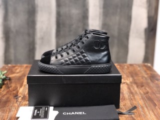 Chanel Casual Sneaker with Laces High top Leather Woman Shoes with box Black