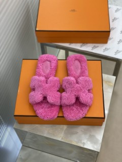 Hermes Lady H Teddy Hair Slippers with original Box