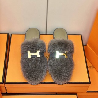 Hermes women's mink hair half slippers with original Box