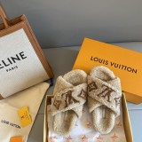 Louis Vuitton new cross design wool slippers classic old pattern pure fur one lamb wool belt original box