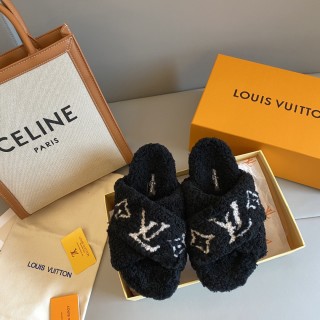 Louis Vuitton new cross design wool slippers classic old pattern pure fur one lamb wool belt original box