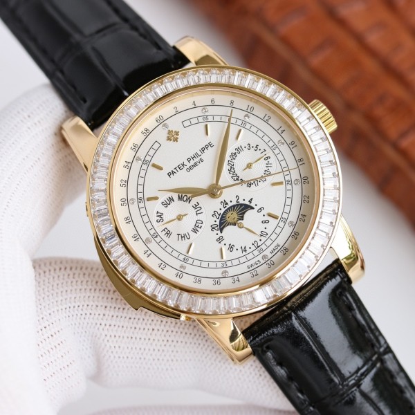 Patek Philippe Grand Complication Watch Bezel and Lugs Set with 103 Baguette Diamonds Italian Calfskin with Original Box