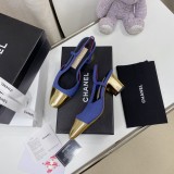 Chanel classic thick heel square head color matching all-match high-heeled back empty women's sandals with original box