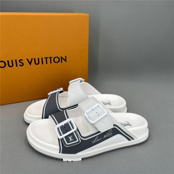 Louis Vuitton Men's First Layer Leather Fine Print Top Sandals Original Box