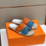 Hermes 2022 Men's Calfskin Straw Slippers Genuine Leather Outsole with Original Box