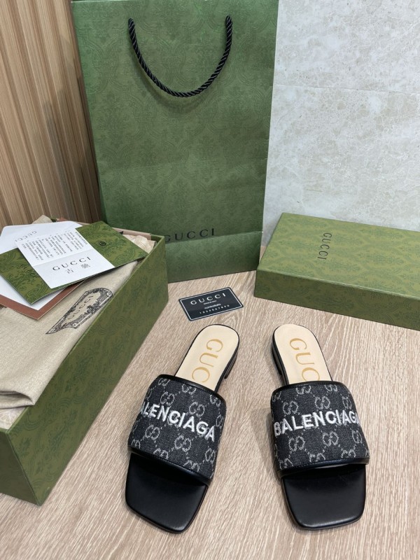 Gucci 2022 Ladies Spring/Summer Joint Classic GG Embroidered Jacquard Canvas Sandals and Slippers with Original Box