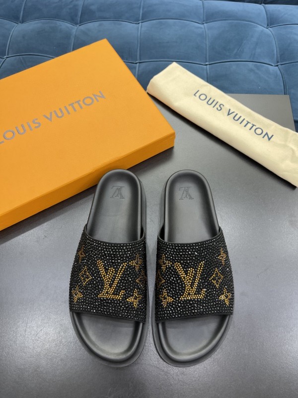 Louis Vuitton Men's Luxury Brand Calfskin Embossed Slippers With Original Box