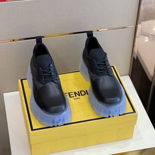 Fendi Men's Round Toe Black Pebbled Calfskin Lace-Up Sneakers With Original Box