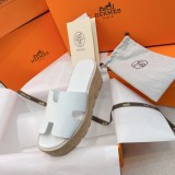 Hermes 2022 Spring/Summer new Juxian H-type cowhide wood bran bottom thick-bottomed sponge cake high-heeled slippers with original box