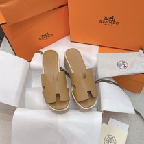 Hermes 2022 Spring/Summer new Juxian H-type cowhide wood bran bottom thick-bottomed sponge cake high-heeled slippers with original box