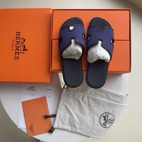 Hermes Men's Classic Leather Midsole Slippers With Original Box