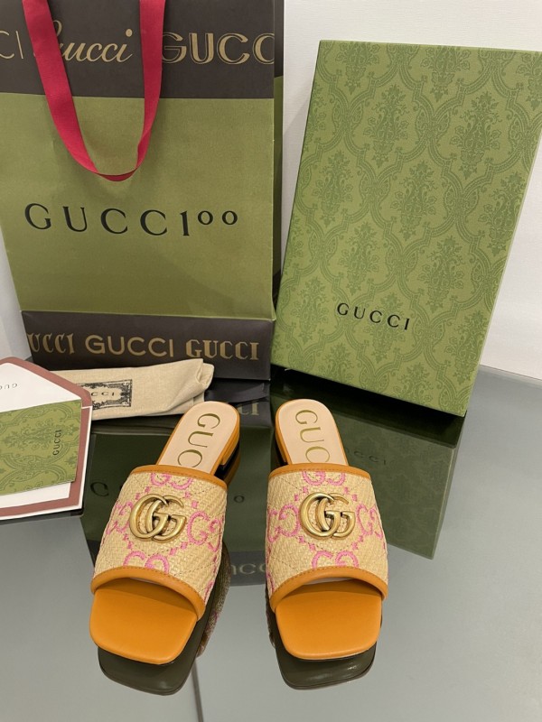 Gucci 2022 summer new double G hardware three-dimensional embroidery open toe sandals slippers with original box