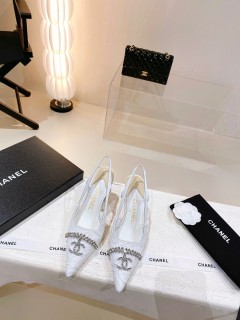 Chanel Antique Double C Pendant Diamond Pointed Back High Heels Sandals With Original Box