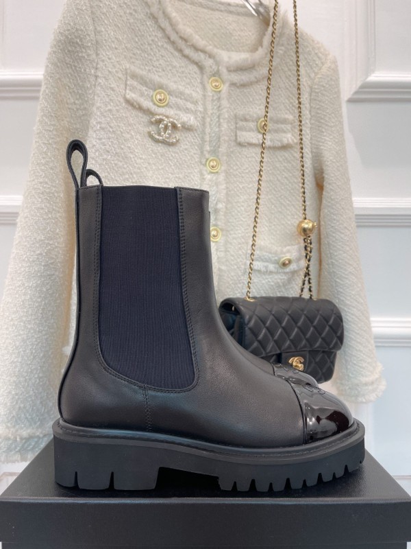 Chanel autumn and winter new round toe color-blocking platform slip-on ankle boots with original box