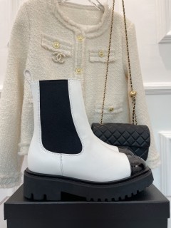 Chanel autumn and winter new round toe color-blocking platform slip-on ankle boots with original box