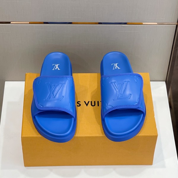 Louis Vuitton 2022 New Men's Embossed Calf Leather Velcro Slippers With Original Box