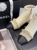 Chanel Classic Pearl Colorblock Toe Double C Embroidery Handmade Pearl Chain Low Bootstrap with Original Box