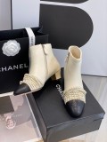 Chanel Classic Pearl Colorblock Toe Double C Embroidery Handmade Pearl Chain Low Bootstrap with Original Box