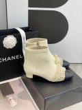 Chanel Classic Pearl Colorblock Toe Double C Embroidery Handmade Pearl Chain Low Bootstrap with Original Box