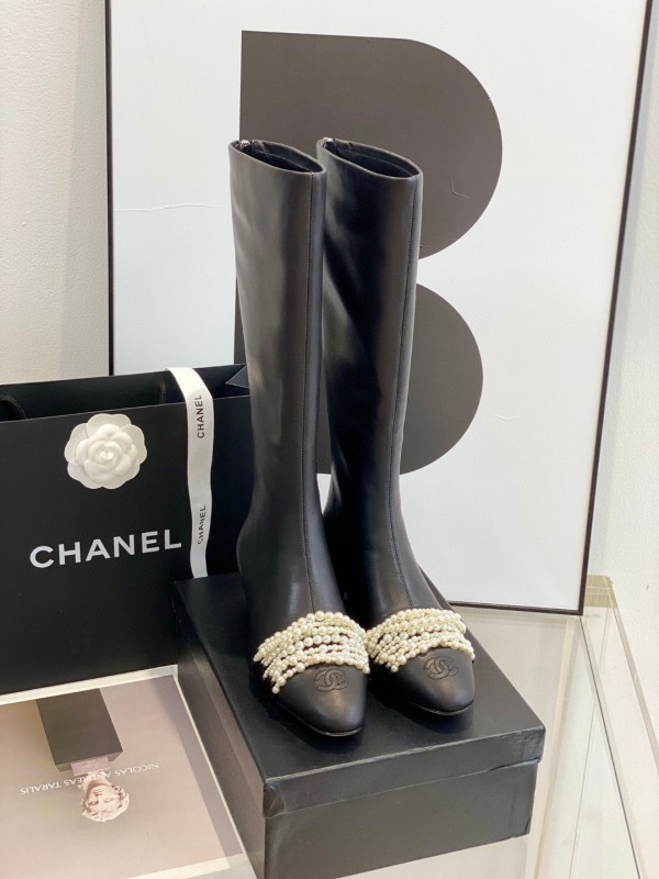 Chanel Classic Pearl Colorblock Toe Double C Embroidery Handmade Pearl Chain High Boot Strap Original Box