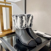 Chanel Ladies Luxury Brand Back Chain Rex Rabbit Fur Fashion Classic Short Boots with Original Box