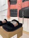 Burberry autumn and winter new film classic plaid design British retro style fur slippers with original box