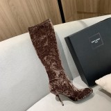 Saint Laurent Stylish Versatile Velvet Stove Heel Boots With Original Box