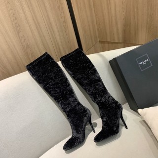 Saint Laurent Stylish Versatile Velvet Stove Heel Boots With Original Box