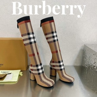 Burberry 2023 latest luxury brand round toe chunky heel plaid elastic knit socks boots with original original box