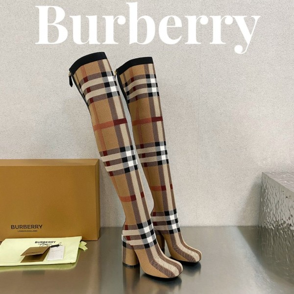 Burberry 2023 latest luxury brand round toe chunky heel plaid elastic knit socks boots with original original box