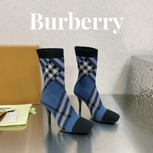 Burberry 2023 latest luxury brand round toe stiletto grid stretch knit socks boots with original original box