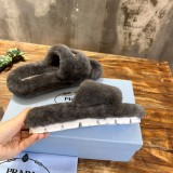 Prada women's luxury brand autumn and winter latest hot pure lamb wool triangular buckle fur shoes with original original box