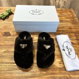 Prada women's luxury brand autumn and winter latest hot pure lamb wool triangular buckle fur shoes with original original box