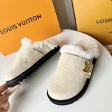 Louis Vuitton women's luxury brand new flat toe semi-slip sandals wool fleece slippers with original box