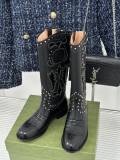 Gucci women's luxury brand classic retro embroidered rivets versatile cowboy boots with original box