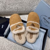 Prada women's luxury brand lambswool slippers, fur integrated fur slippers, lambskin fur integrated slippers, with original box