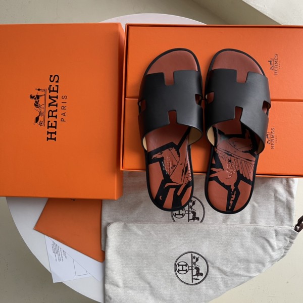 Hermes men's luxury brand leather midsole slippers with original box