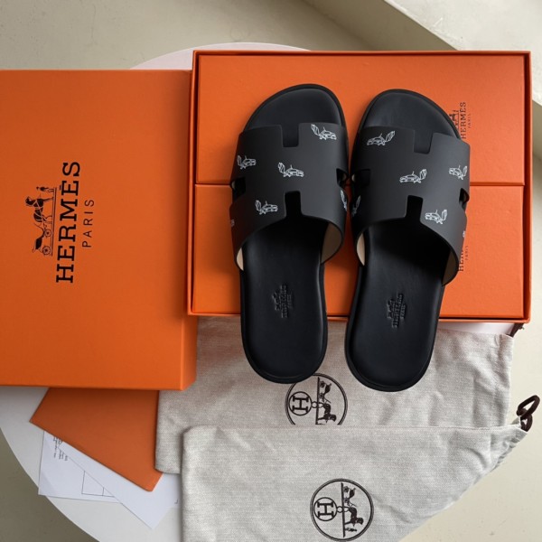 Hermes men's luxury brand leather midsole slippers with original box