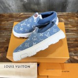 Louis Vuitton men's luxury brand knitted denim thick-soled casual sneakers loafers with original box