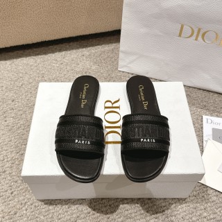 Dior women's luxury brand Dior logo fashion classic embroidered jelly color natural color raffia straw cotton upper decorated flat slippers with original box