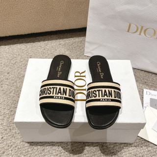 Dior women's luxury brand Dior logo fashion classic embroidered jelly color natural color raffia straw cotton upper decorated flat slippers with original box