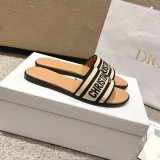 Dior women's luxury brand Dior logo fashion classic embroidered jelly color natural color raffia straw cotton upper decorated flat slippers with original box