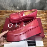 Gucci women's luxury brand with the latest double G monogram thick sole wedge heel horsebit loafers small leather shoes with original box