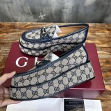 Gucci women's luxury brand with the latest double G monogram thick sole wedge heel horsebit loafers small leather shoes with original box