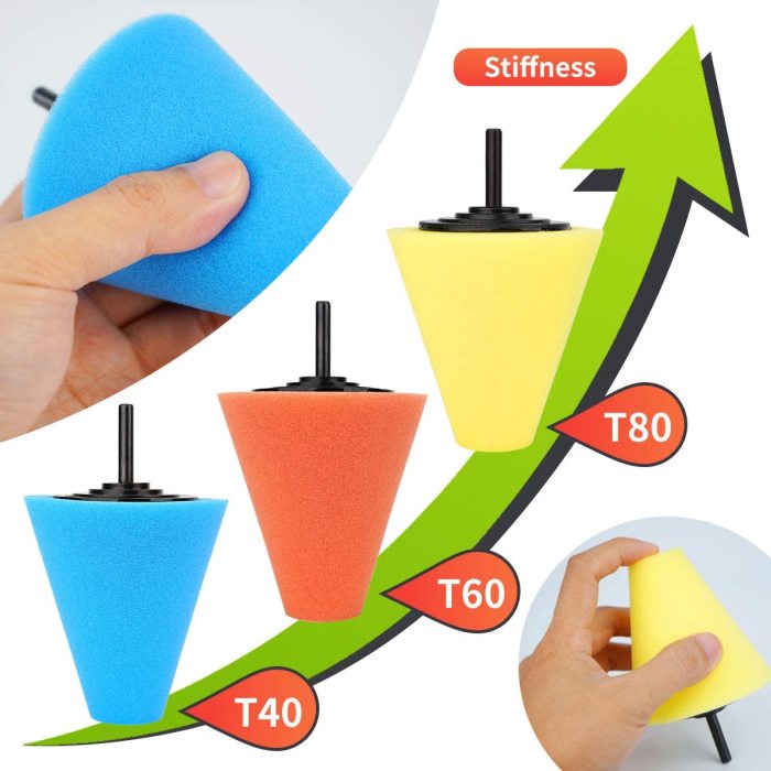 Drill Buffing Sponge Pads 3 Pack, 1/4''/6mm Polishing Cone, 3 Kinds of Hardness Foam Polisher Buffer Pad Sponge Ball for Automotive Car Wheels Hub Care