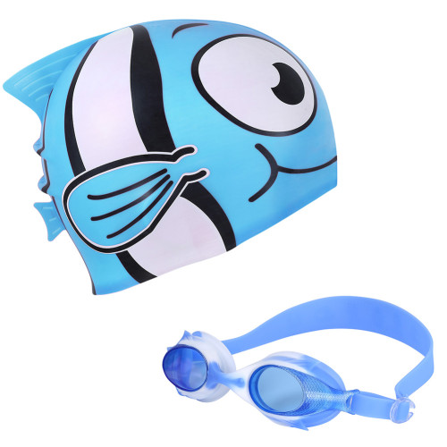 Kids Swim Caps Set, Soft Silicone Character Goldfish Swimming Cap Leakproof Swim Caps, Anti Fog, UV Protection Swim Goggles for Youths, Toddlers, Girls, Boys, Teenagers(blue)