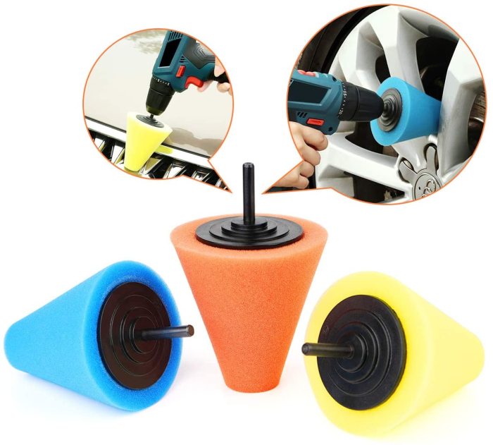 Drill Buffing Sponge Pads 3 Pack, 1/4''/6mm Polishing Cone, 3 Kinds of Hardness Foam Polisher Buffer Pad Sponge Ball for Automotive Car Wheels Hub Care